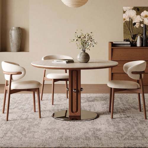 中托斯卡餐古洞岩圆桌复古圆形餐桌家用小户型北欧包豪斯石实木吃