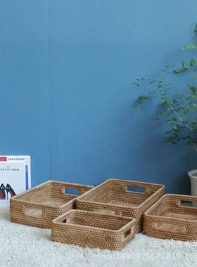 越藤南秋藤手工编藤家HMJ储居编收纳筐真藤编长方形提口物篮置物