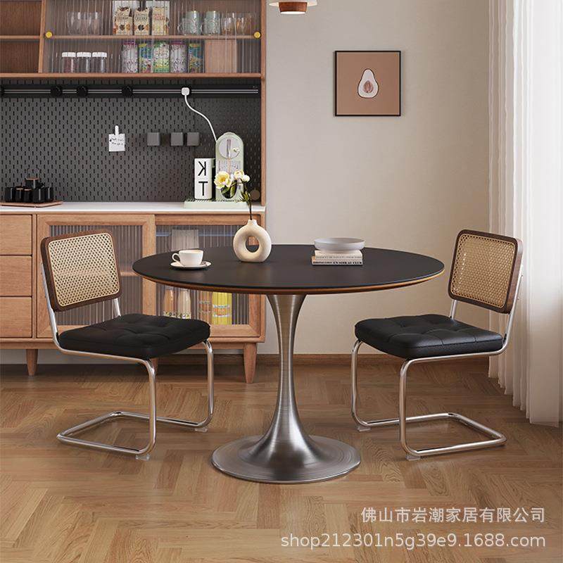 德利丰岩板圆桌餐桌小户型郁金香洽谈桌中古黑色复古圆形饭桌家用