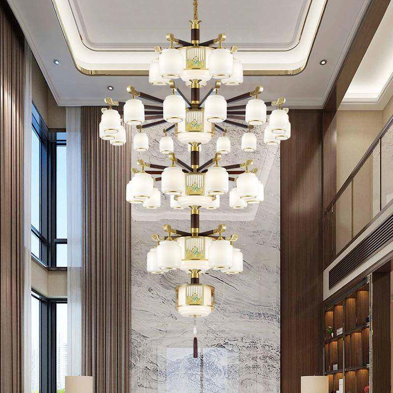 新中式全铜吊灯乌檀实木千里江山客厅灯别墅餐厅卧室吸顶吊灯