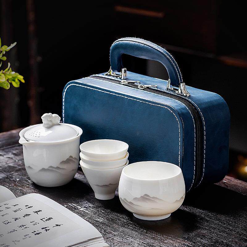 德化白瓷旅行茶具套装简约一壶四杯户外盖碗便携式快客杯logo可定