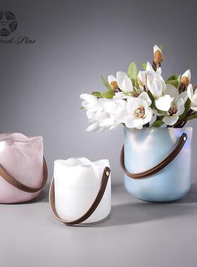 钻石星复古玻璃花瓶粉蓝白色手提篮水培干花插花器软装花瓶