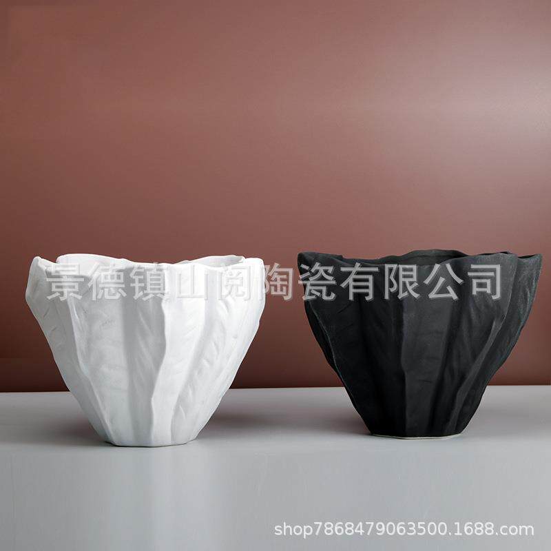 素烧花瓶样板房家居软装饰品黑白荷叶形民宿售楼处桌面插花器摆件