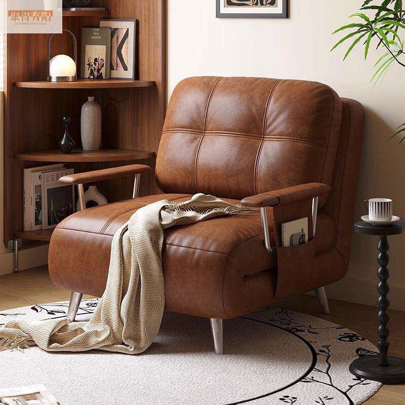 2026新款单人两用储物折叠沙发床复古小户型伸缩书房午休皮艺沙发