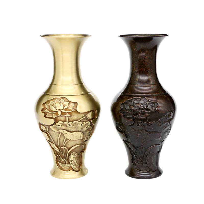 博喜铜摆件莲叶荷花凤尾瓶铜制花瓶工艺品手工黄古铜凤尾瓶
