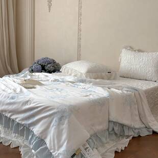 春夏蔚海岸蓝刺绣兰精天丝床款三件套滑可水洗夏YYG01凉丝被盖床