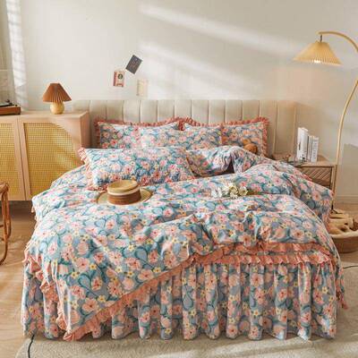 印主花蜜桃棉公蕾丝夹棉被床裙四件风套加厚床RNC罩单双人套床上