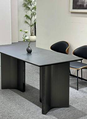 岩桌D014#餐现代简约客厅家用小户型锈钢不长方形岩板板餐桌