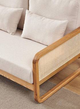 日原木式风发沙直排三人客厅实木51930沙发藤艺家具简约布艺白木