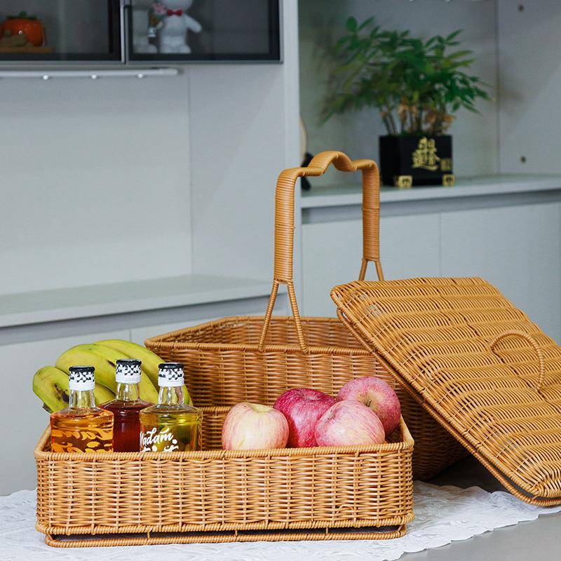户篮外野餐双层拜菜拜仿大藤编织手提箱容量买水果篮带NNT盖购物