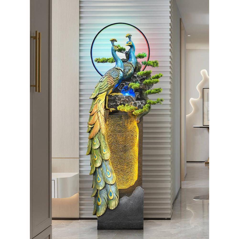 孔幕雀中GUF屏风电视柜造景假山式水景生循环流水财水墙客厅装饰