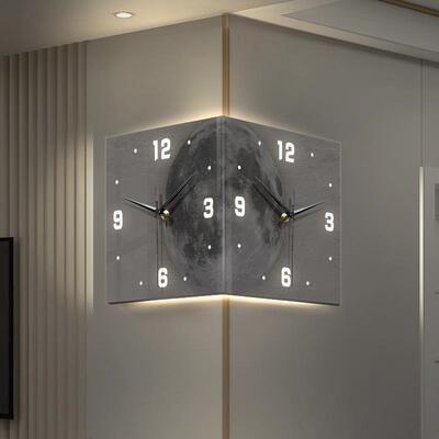 免术打11855孔钟创意转角钟时钟壁灯客厅月球灯拐角发光双面挂led