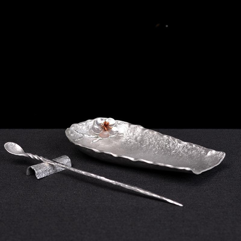 纯锡茶则件套手工茶匙锤目纹荷茶勺三茶拨茶件配家茶斗笠锡茶用办