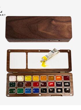 木质彩颜加料24色2水毫升便携保ZLF湿固体水彩盒盒分黑胡桃厚