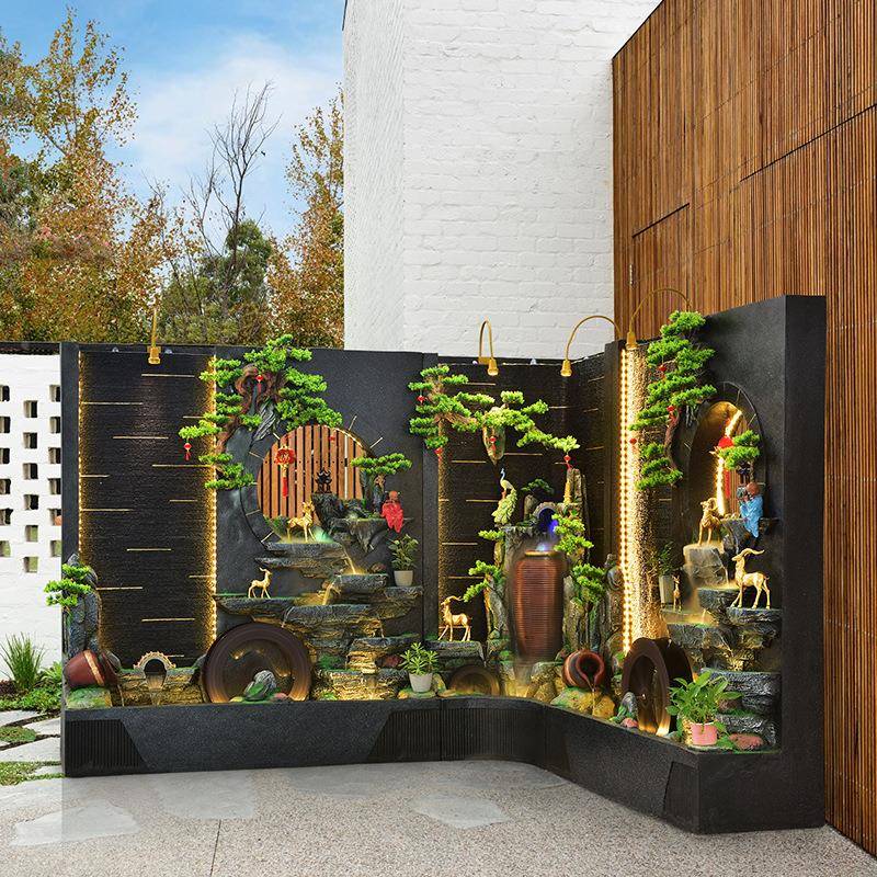 墙循环水摆件风水轮隔断镂RMS屏风水幕室外花园庭院流布置鱼空池