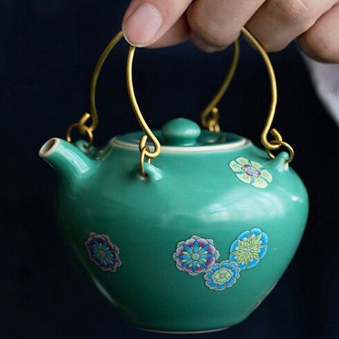 雅致皮球花四合提梁壶松石绿日式小茶壶单壶陶瓷功夫泡茶壶茶具