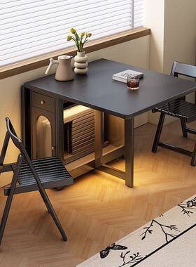 色复古全实伸木折餐黑桌家用现叠代轻奢长方形可缩BPZ隐形小户型