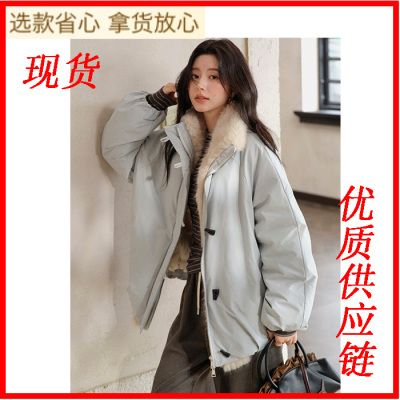 SLEEPY BUNNY蓝色90鸭绒短款羽绒服女冬季加厚保暖毛领派克服外套