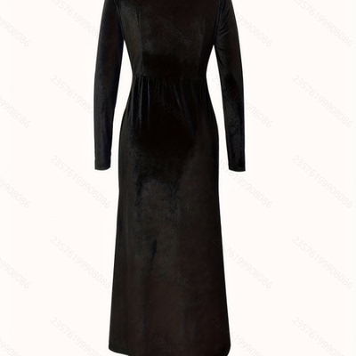 女士秋冬季优雅复古纯色V领单排扣设计修身丝绒长袖中长款连衣裙