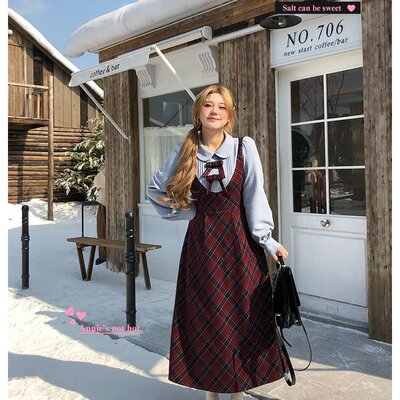 格纹假两件连衣裙女2025秋冬新款微胖大码长袖收腰裙子