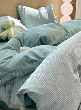 A类简风绿色条纹磨毛四件UIN套全棉纯棉2米025新款床约一五床单被