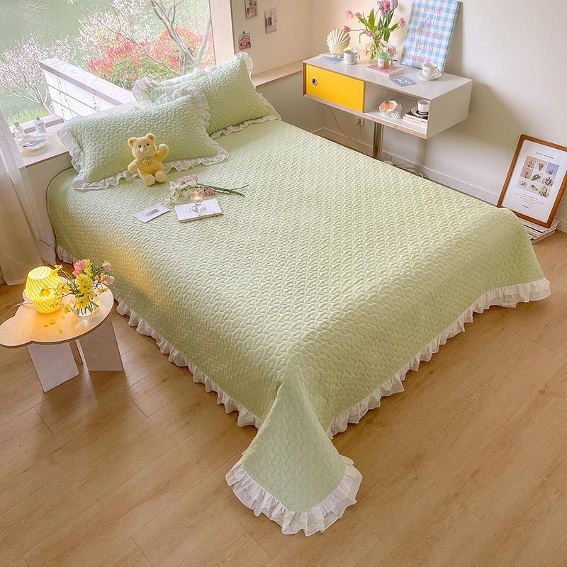 2025新款花棉水棉全纯洗色床盖三件套KNB边夹棉床单绗缝加厚套件