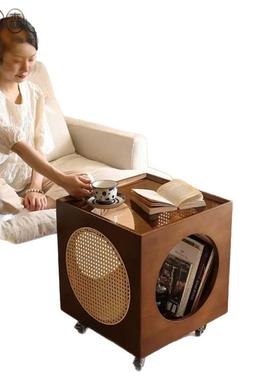 中古风WUZ客发厅可移动茶几简约藤沙推车床头柜实木编小边边桌置