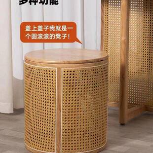编藤木日式MGF客厅收纳床头柜家用沙约发简桌子实纸篓圆形茶几茶
