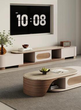 OIT中古风洞石岩板缩实几电视柜小伸户木型客厅家用奶油风茶落地