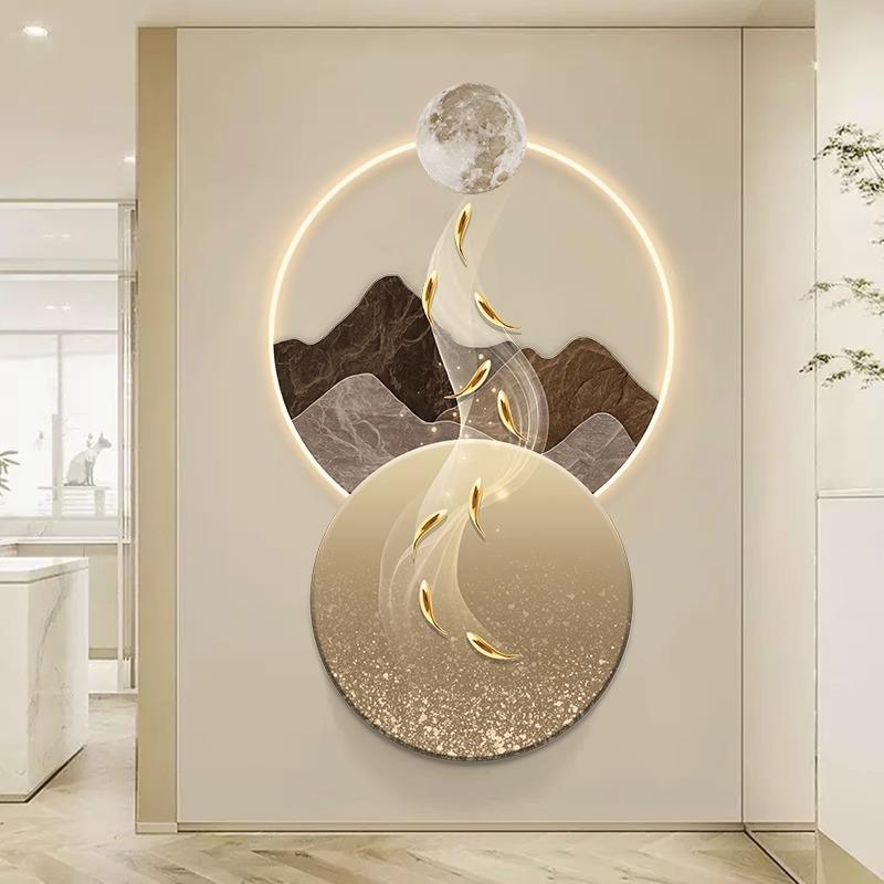 轻奢约入户玄关饰画九鱼图led挂画壁画简现灯代竖版装走廊LBV带灯