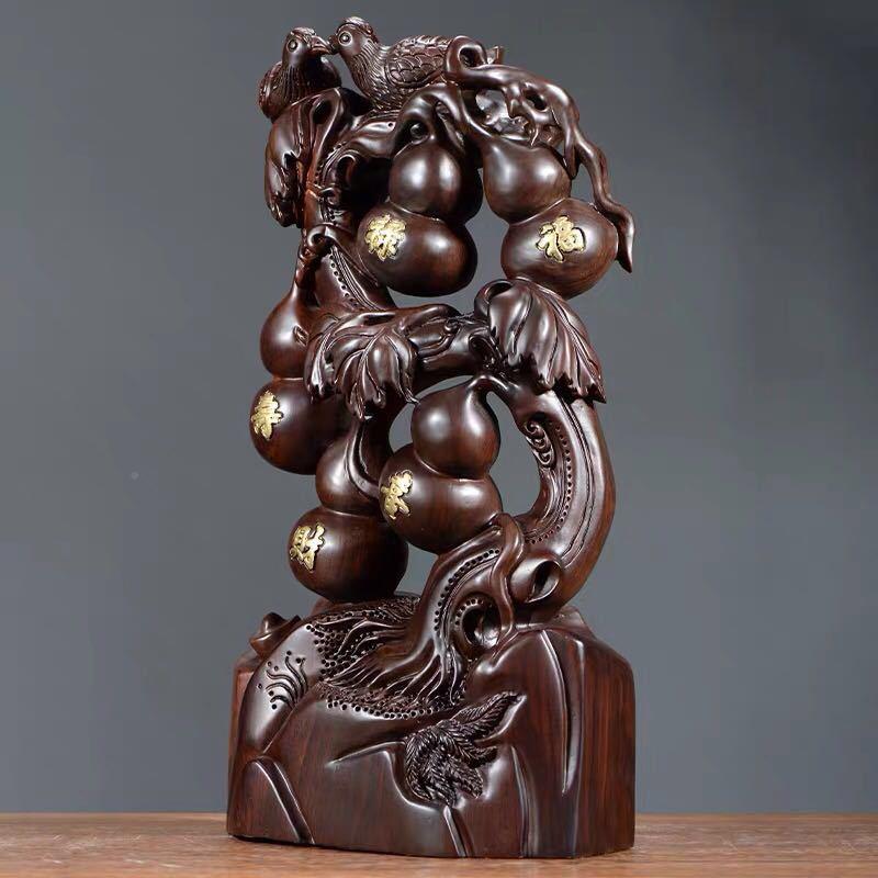 黑檀装实木雕刻五福临门厂中葫芦摆件福YUN禄家居饰工直销新式