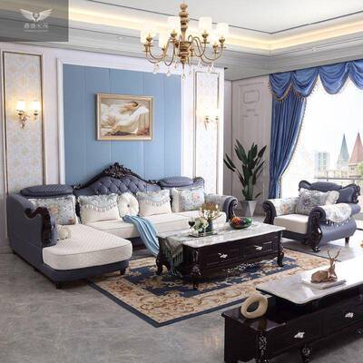 合欧式沙发客厅785贵妃转角组大小户艺型布简欧高端科技布沙发可