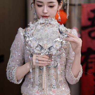 色婚蕾丝娘结秀禾服新新中式双面红成品BJQ遮面金色成品喜扇团扇9