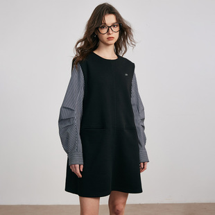 ESPRIT/埃斯普利特通勤风条纹拼接连衣裙女黑色圆领长袖气质裙