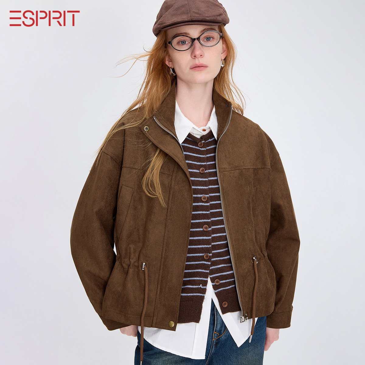 ESPRIT棕色麂皮绒拉链夹克女士秋冬新款复古工装外套休闲百搭上衣