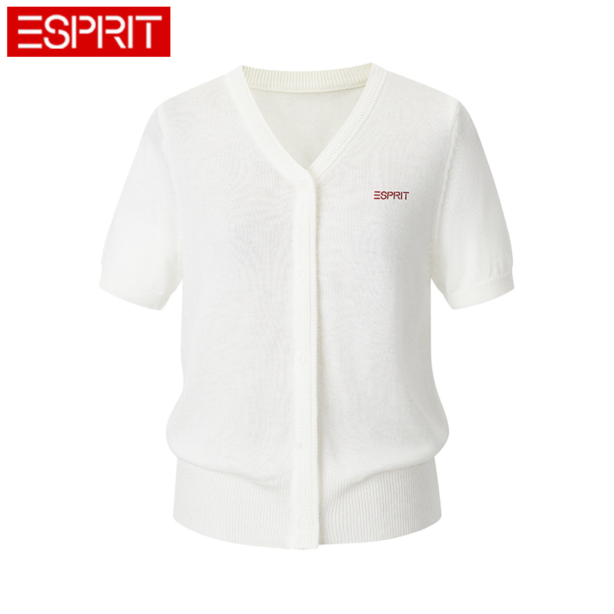 ESPRIT/埃斯普利特白色V领短袖针织衫女开衫百搭显瘦上衣