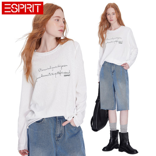 ESPRIT白色字母印花长袖T恤女