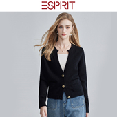 女黑色纽扣针织衫 ESPRIT 埃斯普利特老钱风V领羊绒开衫 毛衣外套