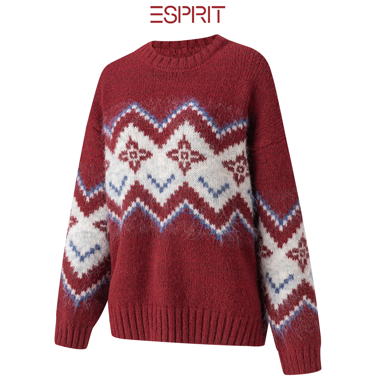 ESPRIT红色费尔岛提花圆领针织衫