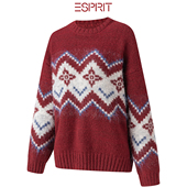ESPRIT 埃斯普利特红色费尔岛提花圆领针织衫 女加厚套头毛衣上衣