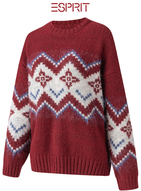 ESPRIT/埃斯普利特红色费尔岛提花圆领针织衫女加厚套头毛衣上衣