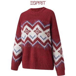 ESPRIT 女加厚套头毛衣上衣 埃斯普利特红色费尔岛提花圆领针织衫