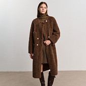 ESPRIT 埃斯普利特羊羔毛皮毛一体外套女长款 立领双排扣绒感保暖