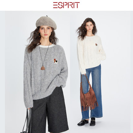 ESPRIT/埃斯普利特慵懒风圆领针织衫宽松套头毛衣学院风百搭上衣