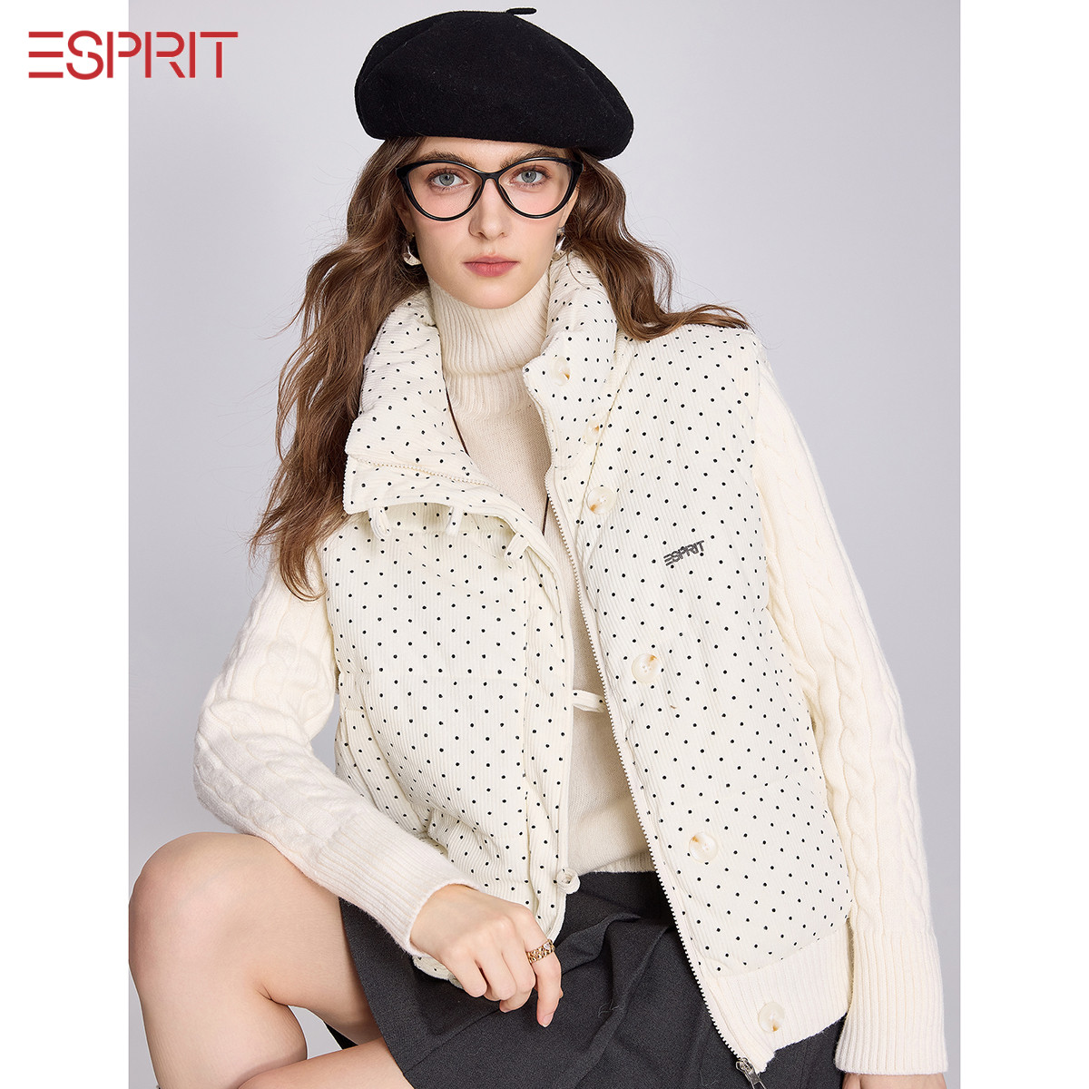 ESPRIT韩系温柔米白提花刺绣长袖加厚款宽松保暖棉衣棉服女士秋季