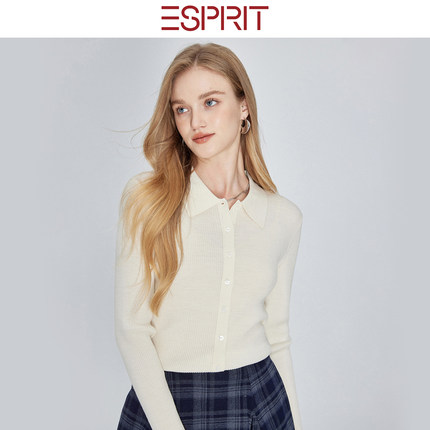 ESPRIT/埃斯普利特纯羊毛翻领纽扣针织衫女修身显瘦打底衫毛衣