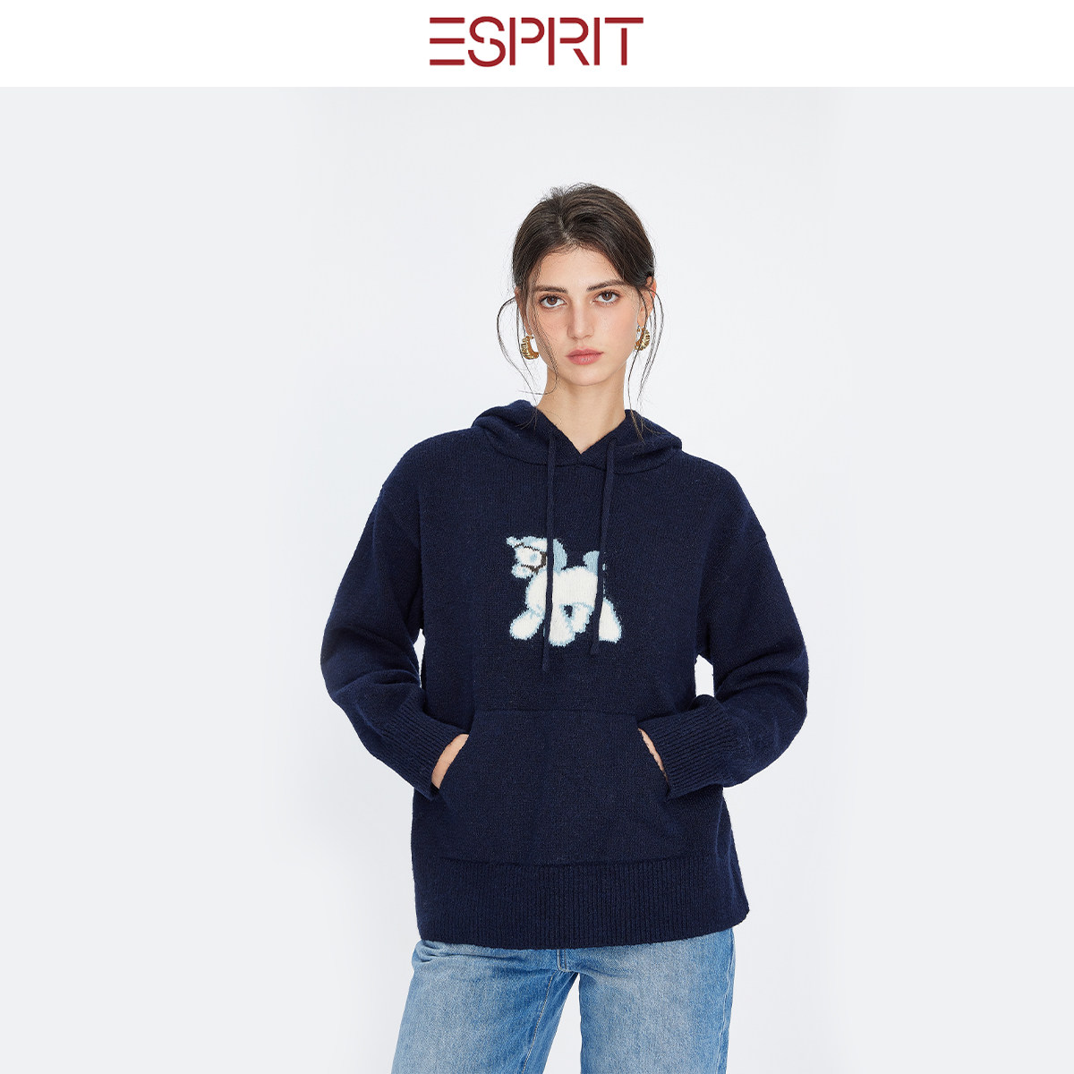 ESPRIT/埃斯普利特可爱风小马年提花连帽毛衣新年宽松百搭针织衫