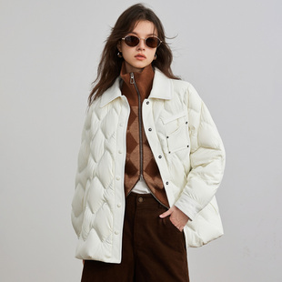 ESPRIT/埃斯普利特轻薄羽绒服女短款衬衫领宽松菱格绗缝白色外套