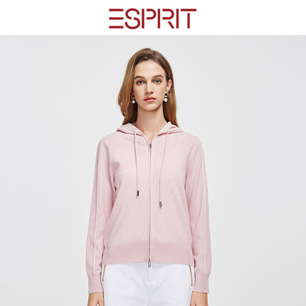 ESPRIT/埃斯普利特休闲风黑色连帽拉链羊毛衫女长袖开衫针织外套