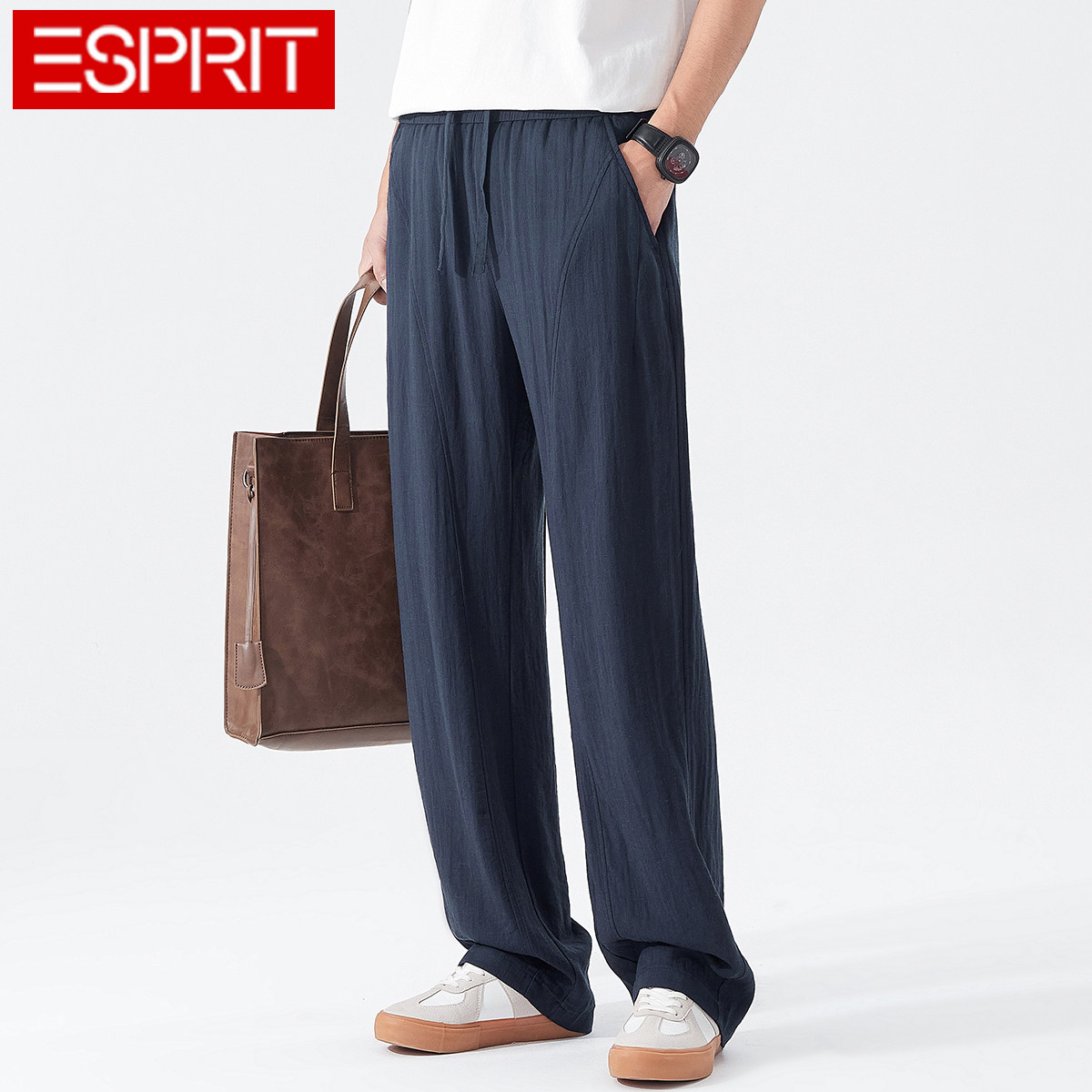 ESPRIT/埃斯普利特老钱风垂感阔腿裤男宽松直筒休闲裤藏青色长裤